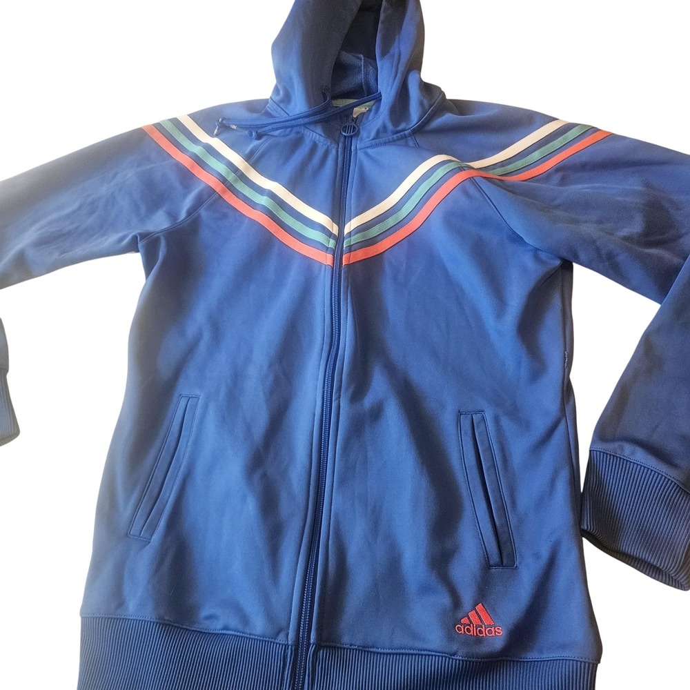 Adidas Jacket Mens‎ Small Blue Hooded Full Zip Retro Stripes Athletic 70s Style